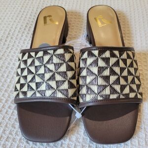 Brown and Cream Women's Slide Sandals